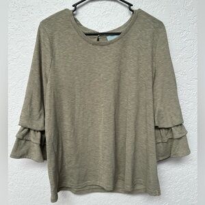 Olive green and white striped blouse with ruched sleeves